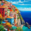 Vibrant painting of a colorful hillside town overlooking the deep blue sea and cliffs.