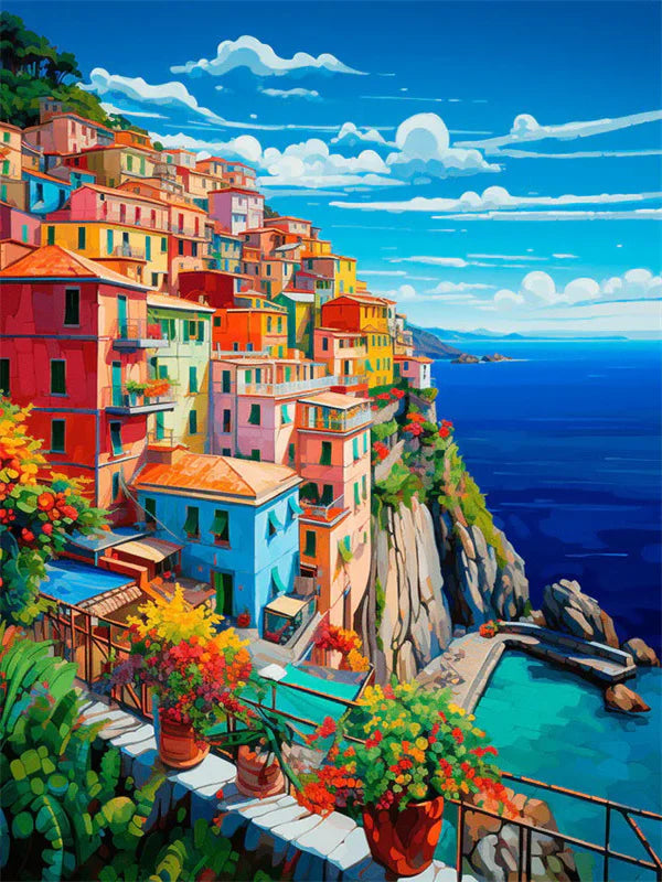 Vibrant painting of a colorful hillside town overlooking the deep blue sea and cliffs.