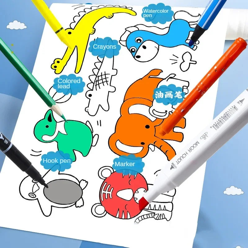 A white sheet of paper is filled with various colored pencils, crayons, markers, and paint pens used for children's drawing.