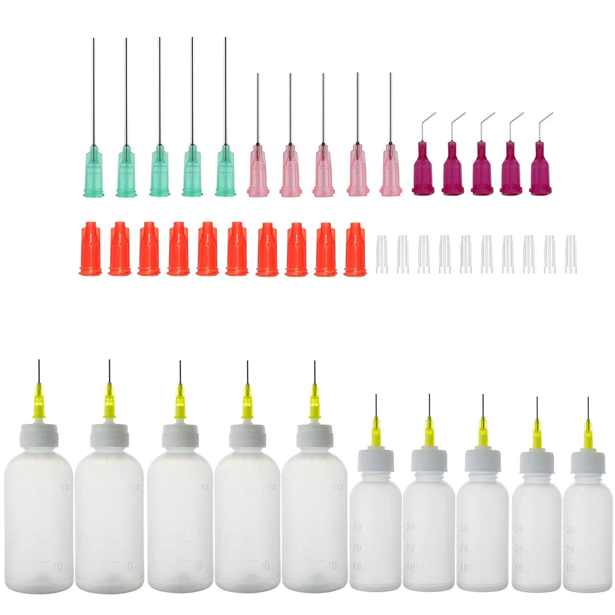 A collection of precision dispensing kit components including blunt needle tips and various colored squeeze bottles.
