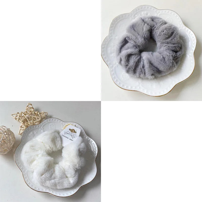 Plush Knit Scrunchie Hair Ties with Leather Accent