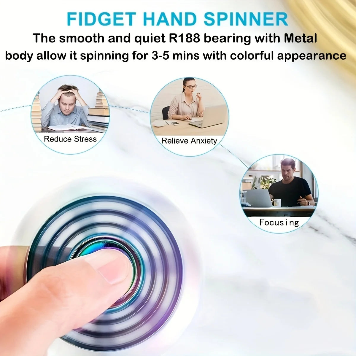 A hand spinning a colorful metal fidget spinner on a white marble surface.