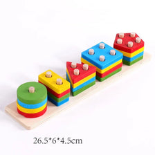A wooden geometric shape sorter puzzle featuring colorful blocks stacked in various arrangements.