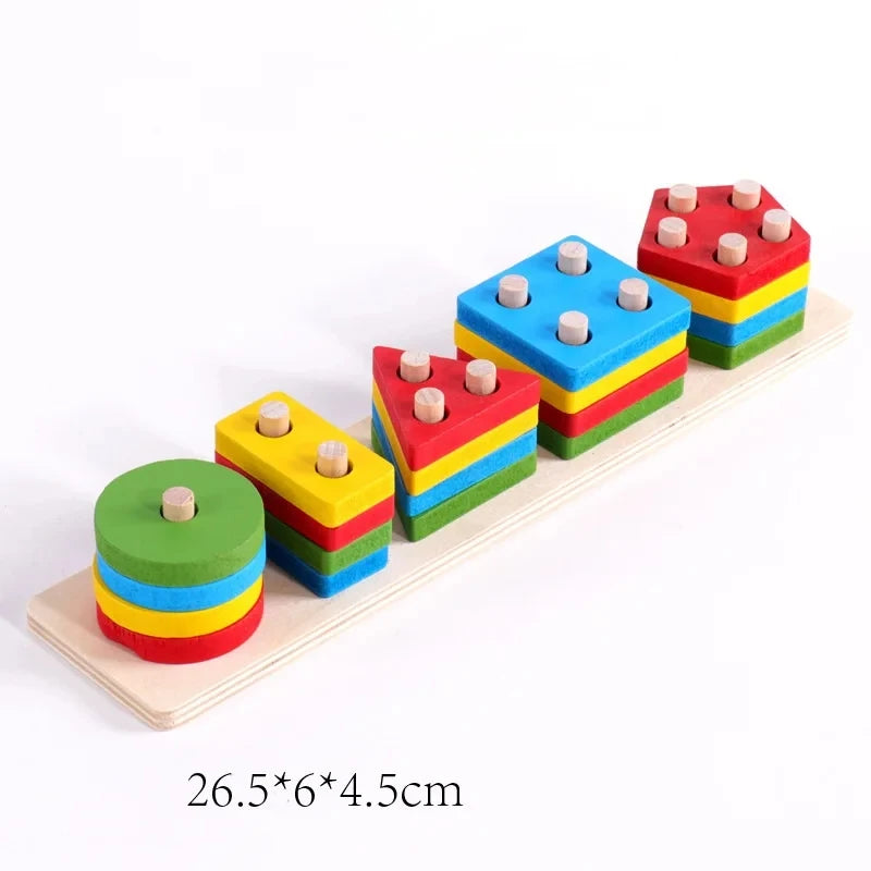 A wooden geometric shape sorter puzzle featuring colorful blocks stacked in various arrangements.