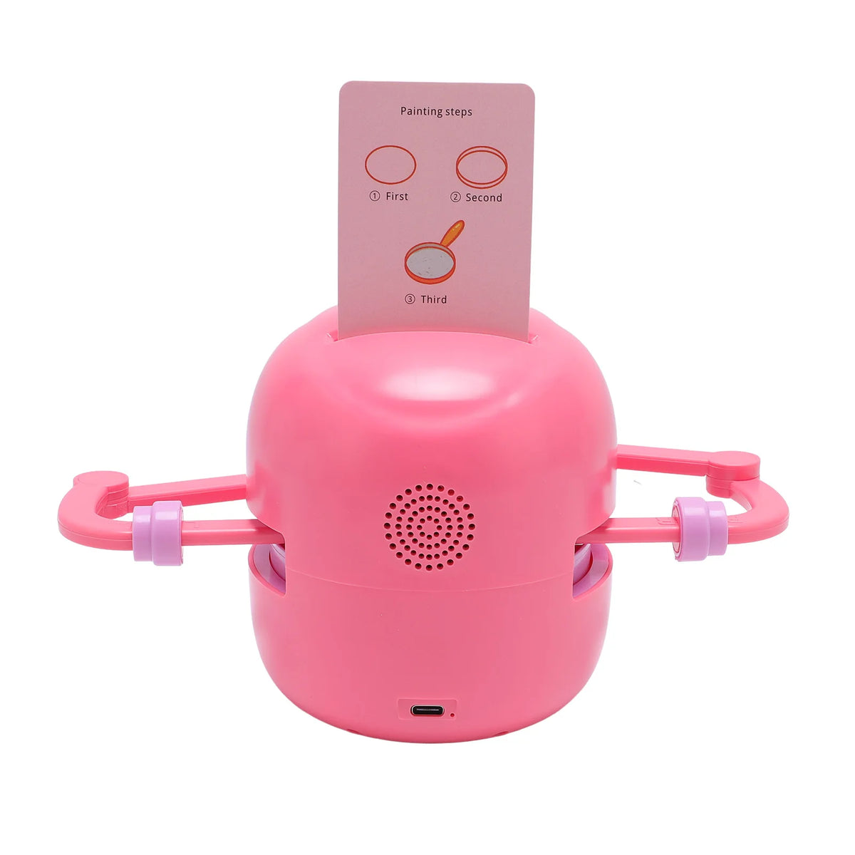 A pink smart drawing robot toy with three painting steps displayed on a card.