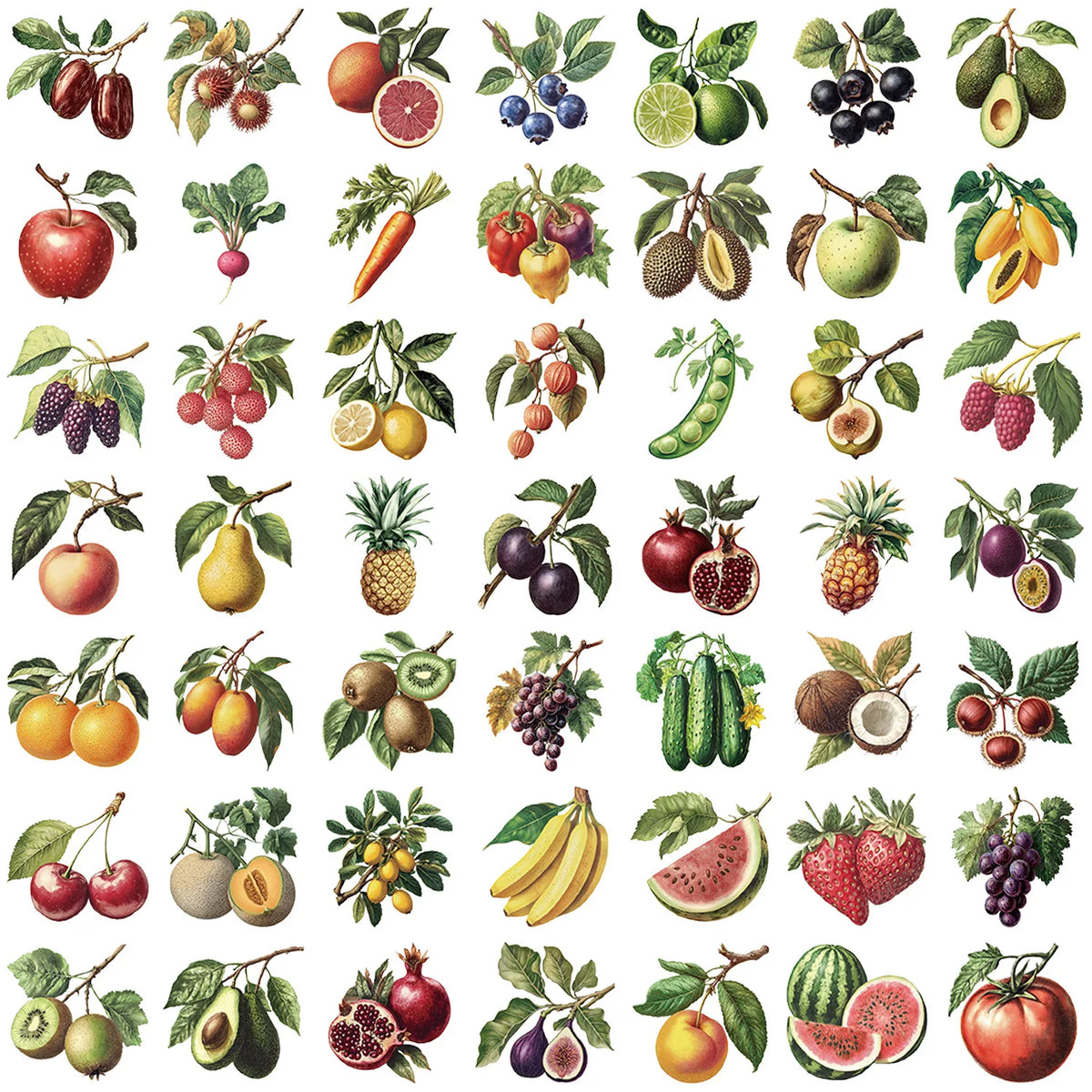 A collection of various fresh fruits including apples, citrus, berries, nuts, and vegetables shown for stickers.