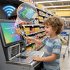 A young boy uses a magic wand to complete a payment on a credit card machine.