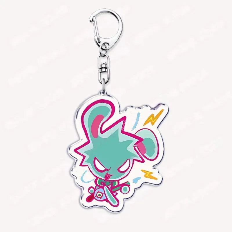 Acrylic keychain featuring a chibi-style character with pink and teal hair and electric effects.
