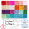A variety of colored glass seed beads in various shades are displayed in compartments, along with jewelry making tools like p