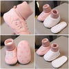 Pink knit bear booties for baby, shown in various angles and styles.