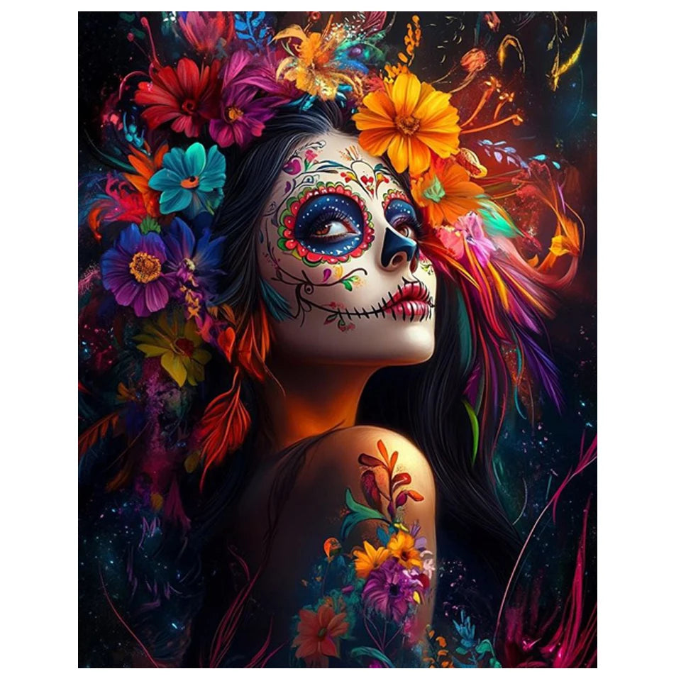 A vibrant diamond painting featuring a skull face adorned with colorful flowers and intricate patterns.