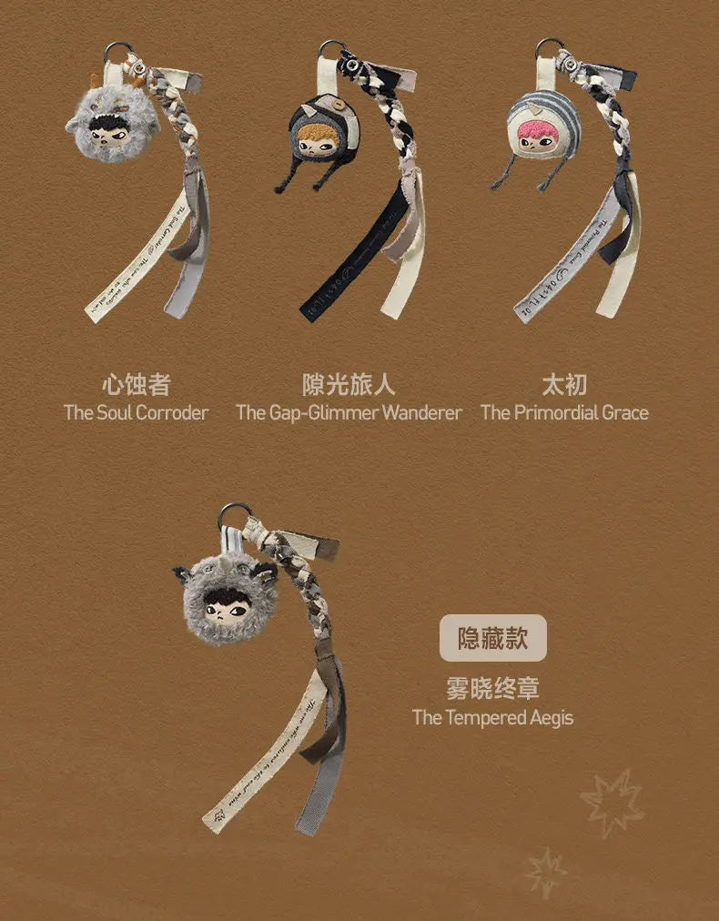 A display of three POP MART Hirono Mist-Walker series blind box keychains featuring The Soul Corroder, The Gap-Glimmer Wander