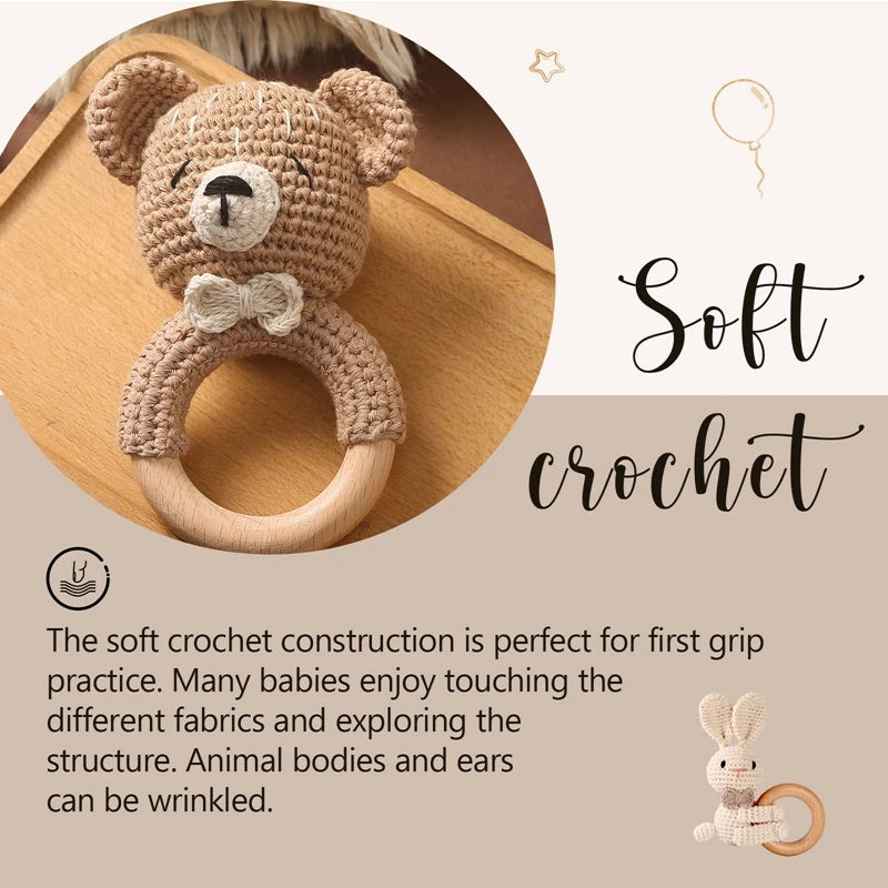 Crochet Bunny Rattle & Teether Toy with Wooden Ring