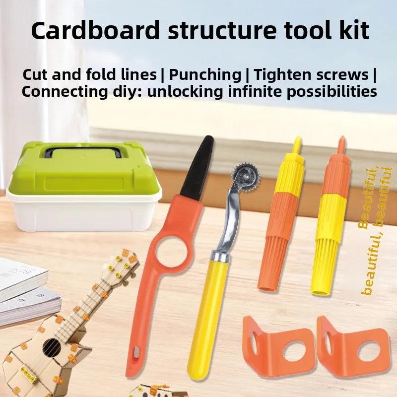 A cardboard structure tool kit showing cutting lines, punching tools, tightening screws, and connecting dies on a wooden surf