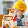 A baby plays with a wooden toolbox featuring gears and tools, demonstrating role-playing to learn engineering skills.