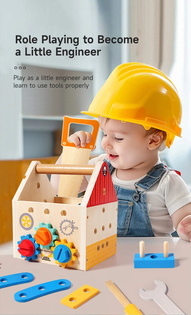 A baby plays with a wooden toolbox featuring gears and tools, demonstrating role-playing to learn engineering skills.