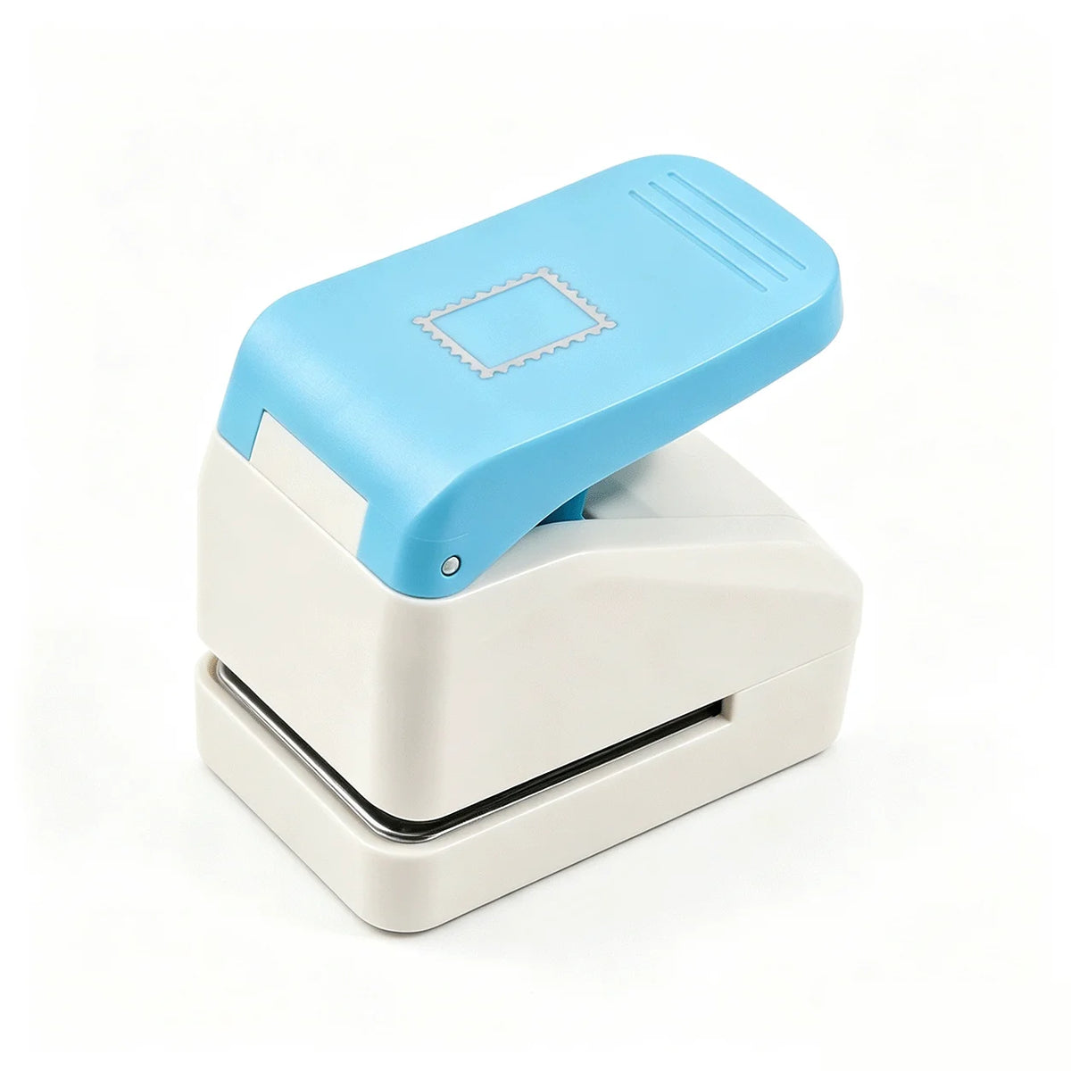 A light blue lever action embosser tool with a white base and a square embossing plate.