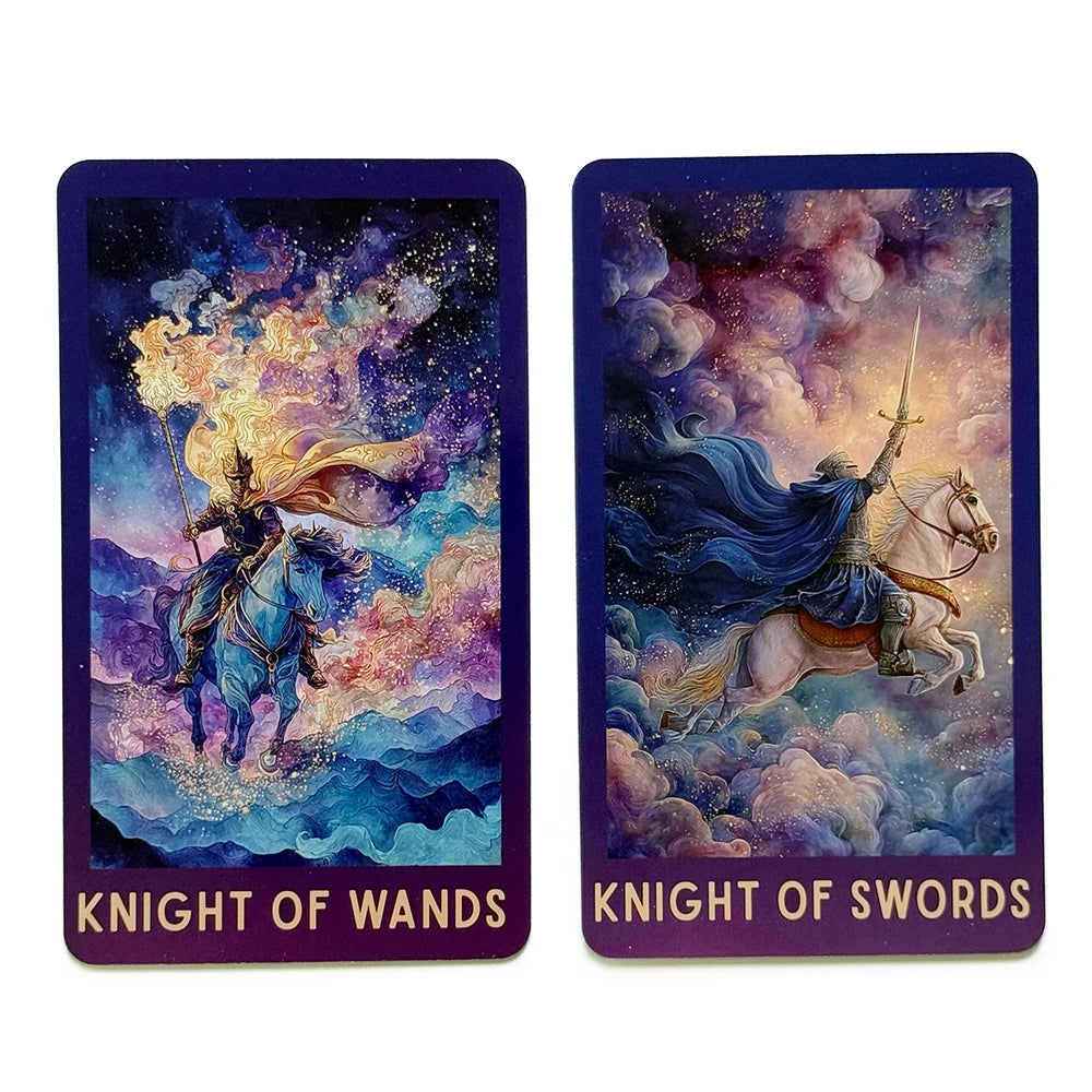 Two tarot cards featuring a knight in a celestial, cosmic landscape, one titled Knight of Wands and the other Knight of Sword