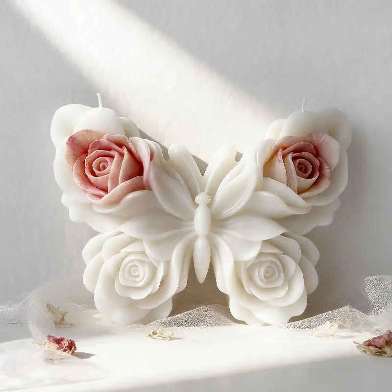 White silicone mold shaped like a rose butterfly for candle making and DIY crafts