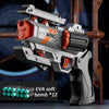 A gray and orange foam bullet toy pistol with a rapid-fire action mechanism is shown against a dark background.