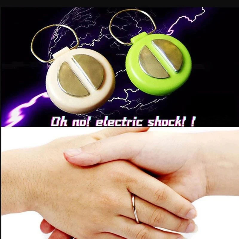A hand buzzer toy with a gold ring and a green plastic body is shown against a background of lightning.