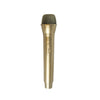 A realistic toy microphone prop with a gold-colored body and a mesh windscreen.