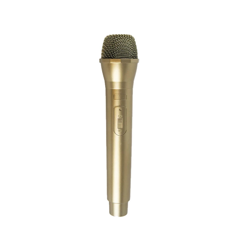 A realistic toy microphone prop with a gold-colored body and a mesh windscreen.