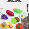 A collection of bright colored pretend play fruit and vegetable cutting toys including a watermelon, eggplant, and tomato.