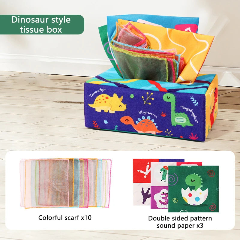 Sensory Tissue Box Toy with Crinkle Paper and Silky Scarves