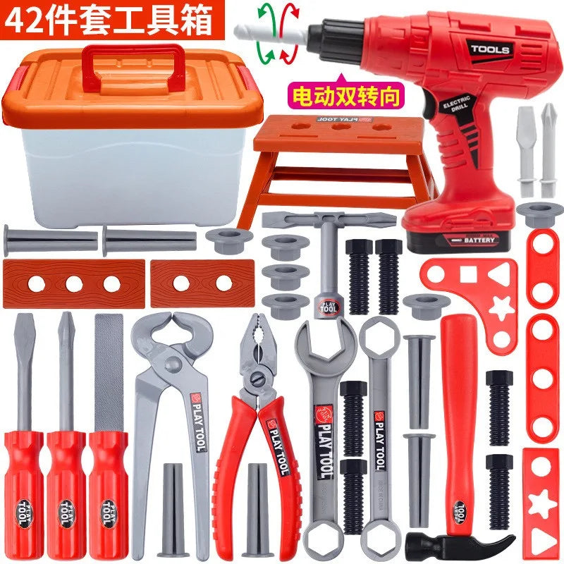 A red electric drill tool set for kids including a drill, various tools, and a toolbox.