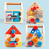 Wooden busy house toolbox featuring shape matching and screwdriver play components.