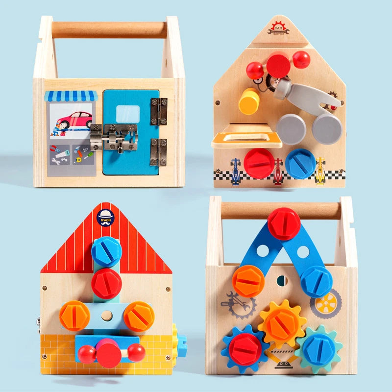 Wooden busy house toolbox featuring shape matching and screwdriver play components.