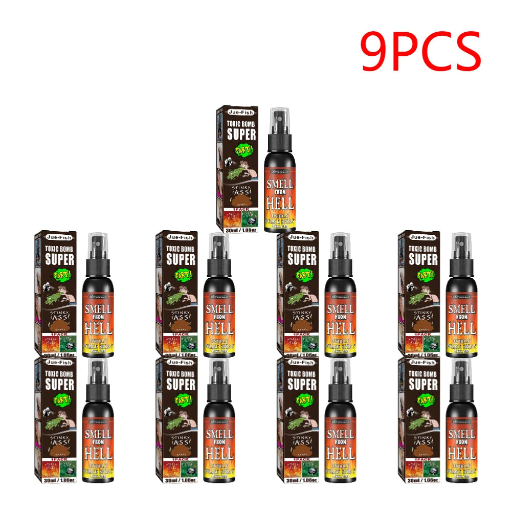 A set of nine cans of Smell the Hell fart spray prank gag products displayed in various packaging.