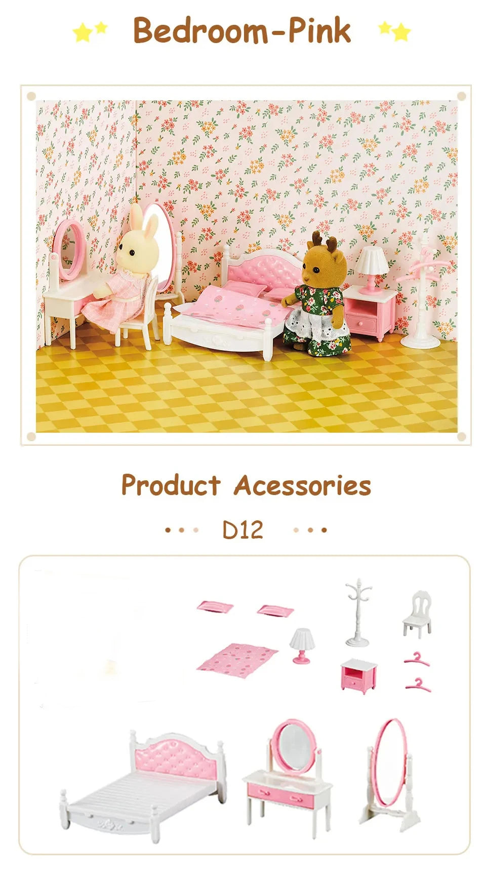 A pink themed bedroom set featuring a bed, vanity, and decorative furniture for a dollhouse.