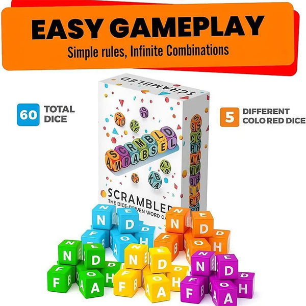 A box of Scrambled Ingalls dice and various colored dice are displayed with a gameplay instruction banner.