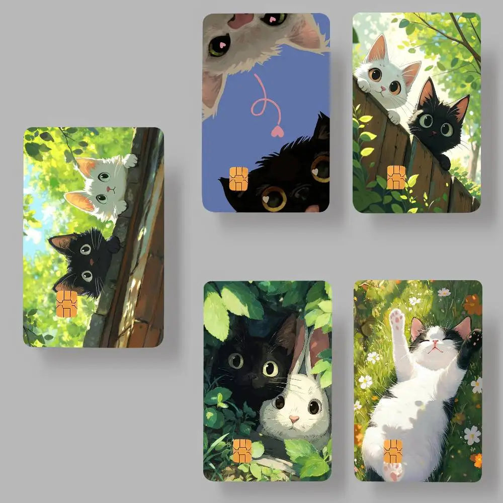 A set of four watercolor illustrations featuring cute black and white cats in various outdoor settings.