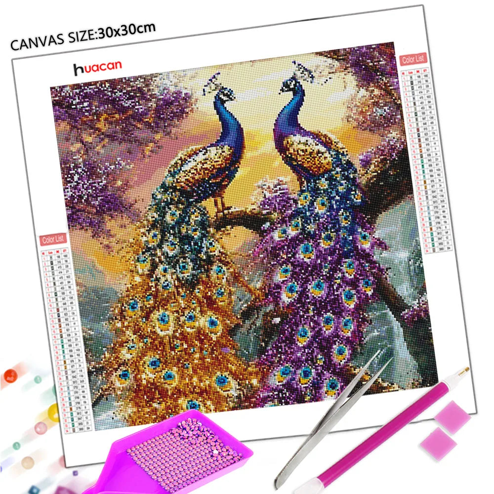 A diamond painting kit featuring a colorful peacock design on canvas with tools.