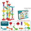 A set of colorful marble run building blocks with various accessories and components for DIY construction