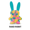 A colorful, fuzzy rabbit plush monster with large blue ears and a funny grin.
