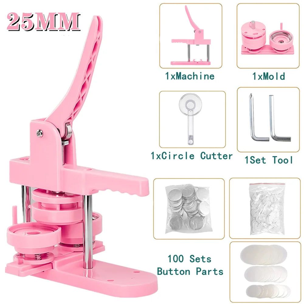 Pink multi-size button making machine kit with tools and 100 sets of button parts