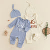 A baby boy long sleeve ribbed romper and matching knit hat in light blue and cream colors.