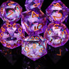 A collection of iridescent purple polyhedral dice, including d20s and d12s, displayed on a dark surface.