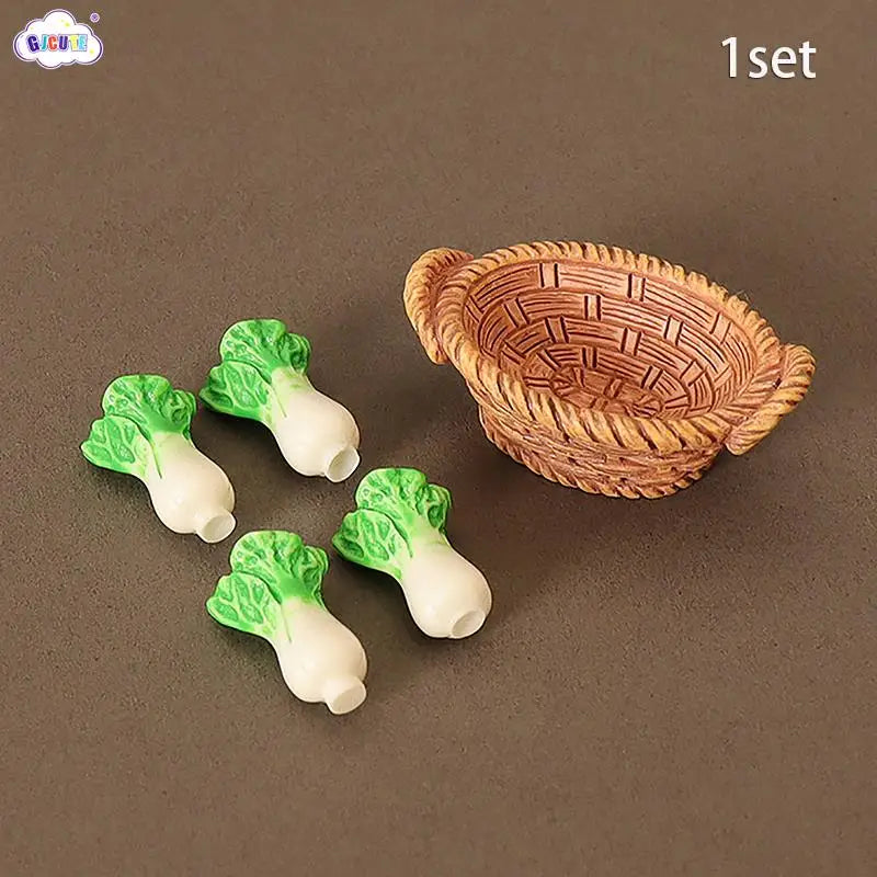 A set of miniature dollhouse vegetable baskets made of light brown woven material and white vegetable shapes.