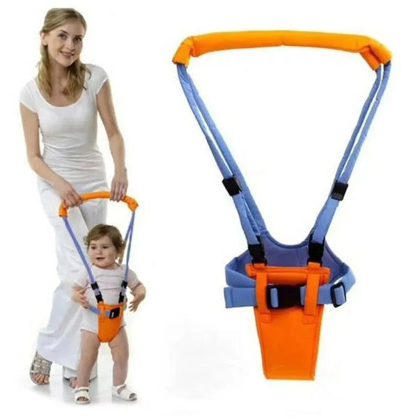 An orange and blue toddler learning walker harness is shown with a woman and a child.