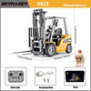 A yellow Alloy RC forklift truck with LED lights and sound, shown in a box and with accessories.