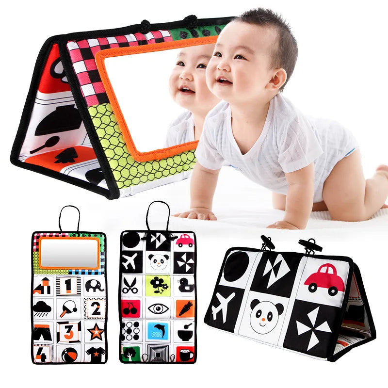 High-Contrast Tummy Time Baby Mirror with Crinkle Cloth Book and Teether