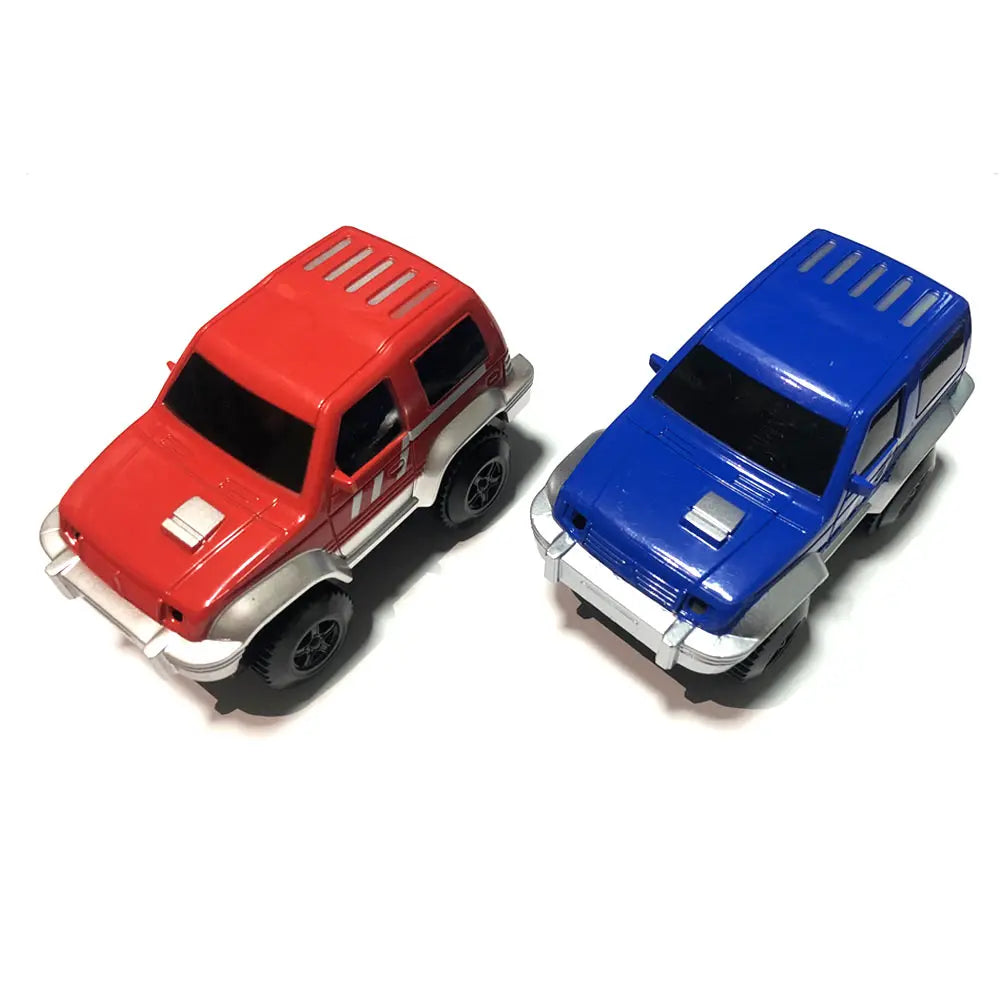 A red and silver race track car toy set next to a blue race track car toy set.