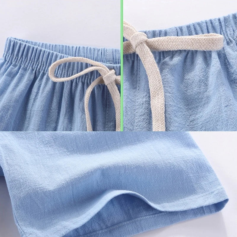 Light blue linen shorts with an adjustable drawstring waist shown in detail and full view.
