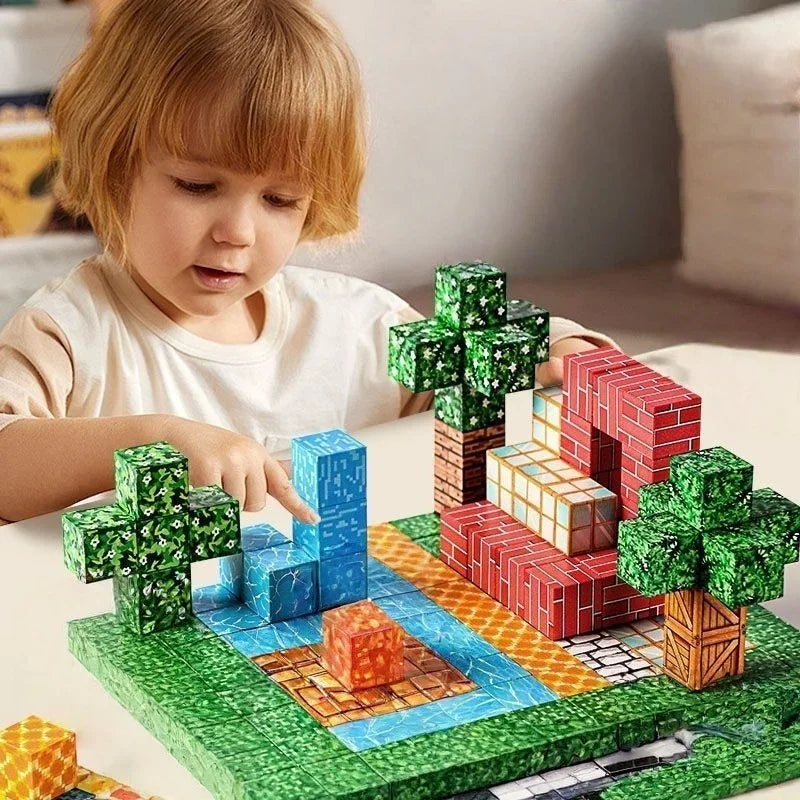 A young child is building a colorful magnetic cube structure on a green mat with various colored cubes.