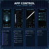 App control interface showing various settings for light, sound, motion, and customization features